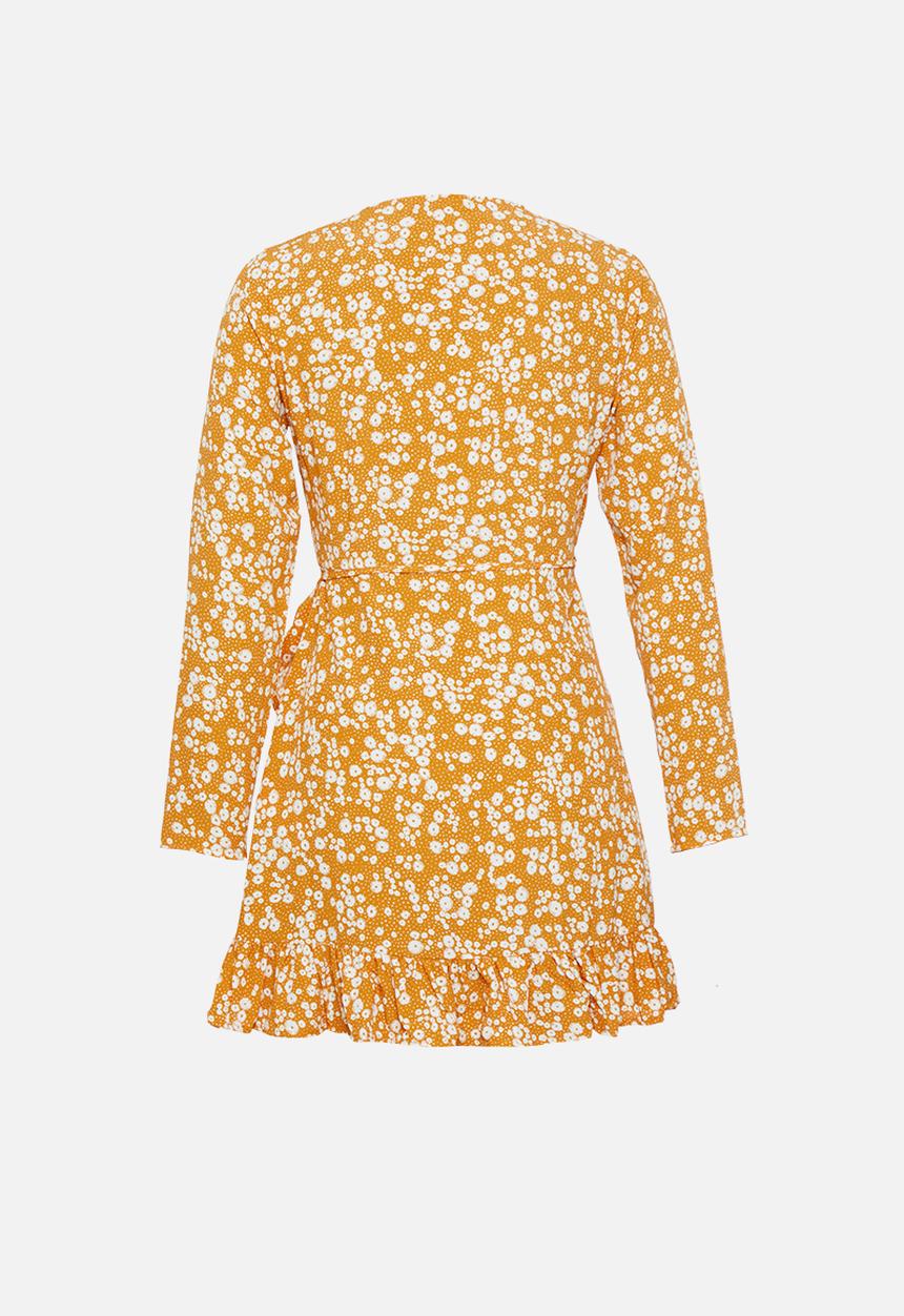 Missguided - Petite tie belt ruffle hem wrap tea dress floral - yellow
