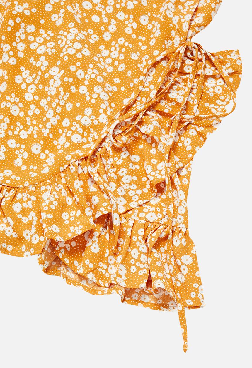 Missguided - Petite tie belt ruffle hem wrap tea dress floral - yellow