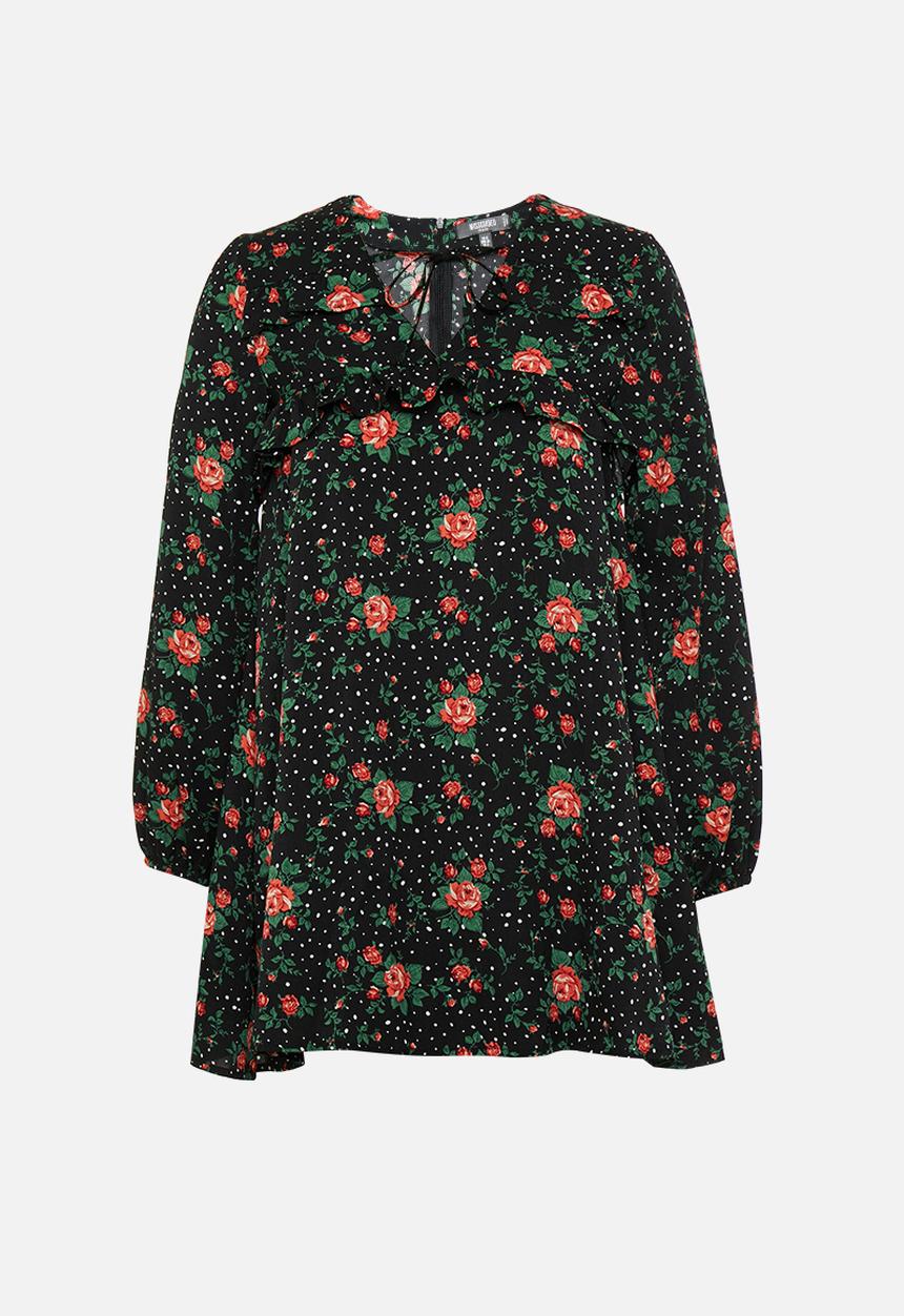 Missguided - Petite long sleeve floral shift dress - black