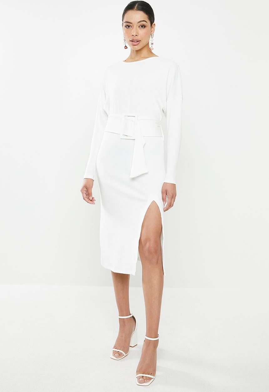 Glamorous - Petite long sleeve belted dress with front slit - white