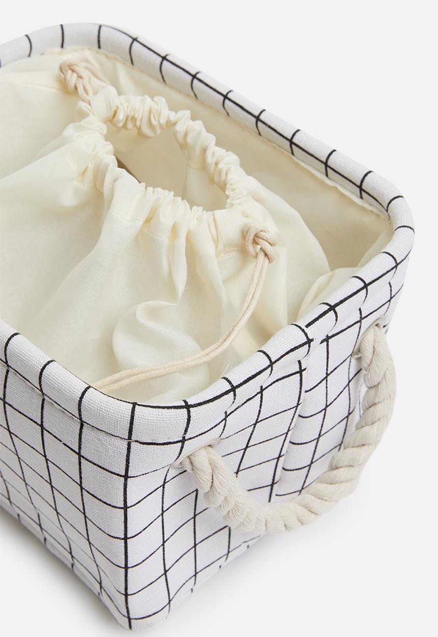 Sixth Floor - Small grid linen storage basket with drawstring - white