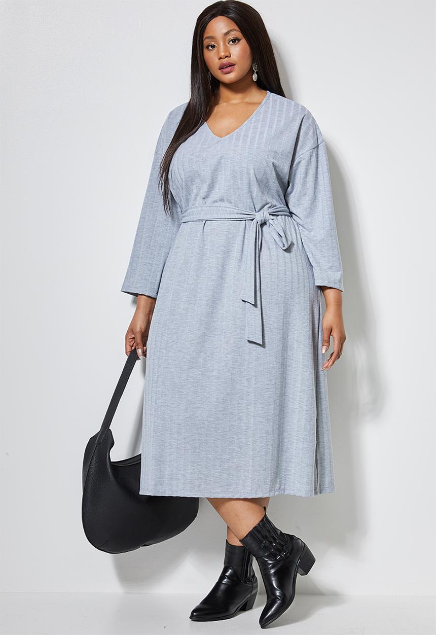 Superbalist - Rib knit tie drop shoulder dress - grey 