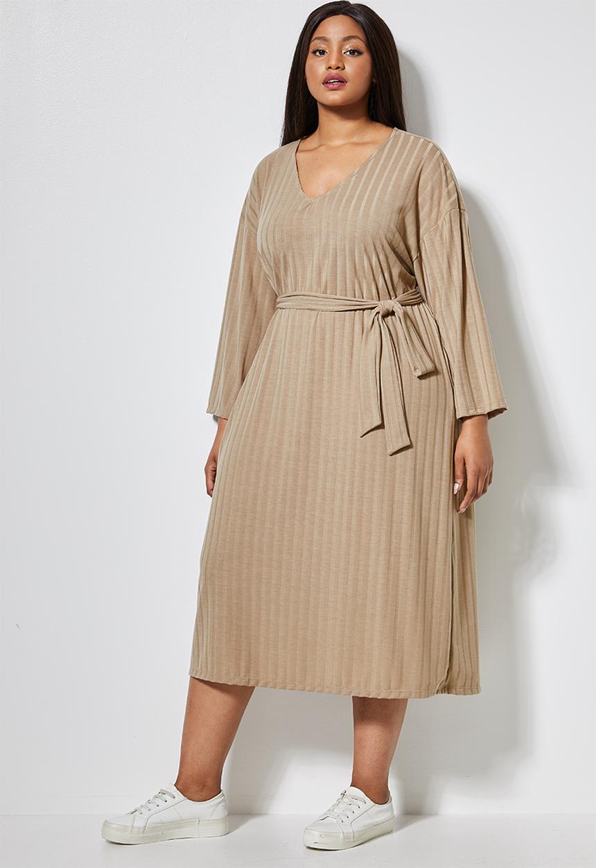 Superbalist - Rib knit tie drop shoulder dress - stone