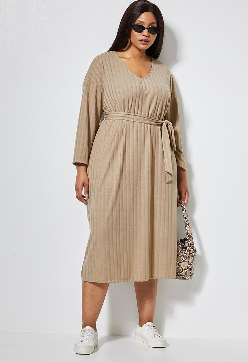 Superbalist - Rib knit tie drop shoulder dress - stone