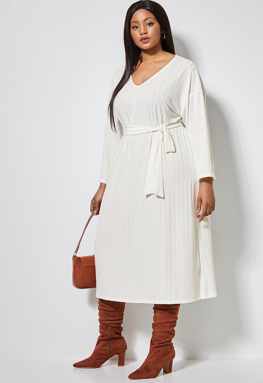 Superbalist - Rib knit tie drop shoulder dress - white