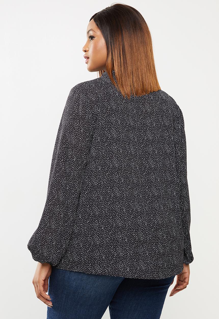 edit Plus - Long sleeve neck tie shell blouse - black & white