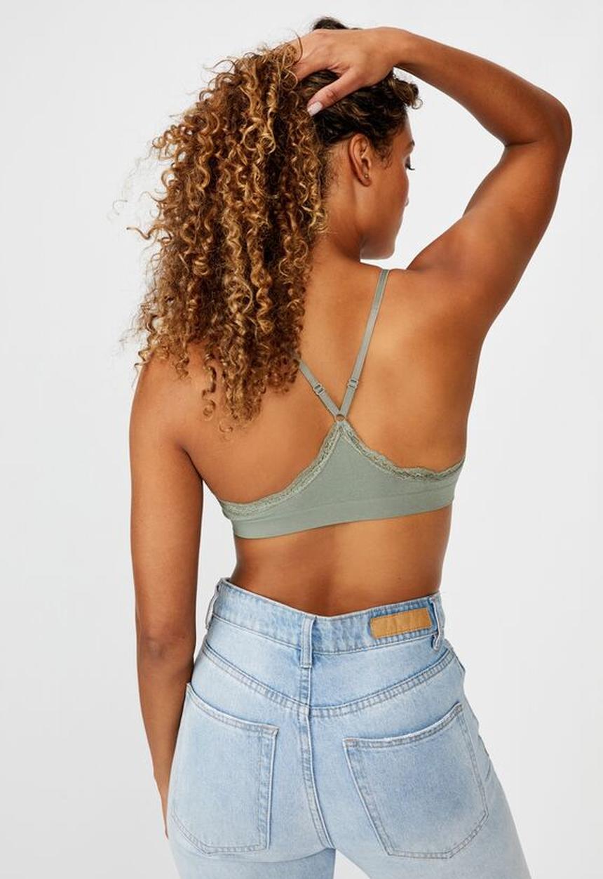 Cotton On - Seamfree rib & lace triangle bralette - cool avocado