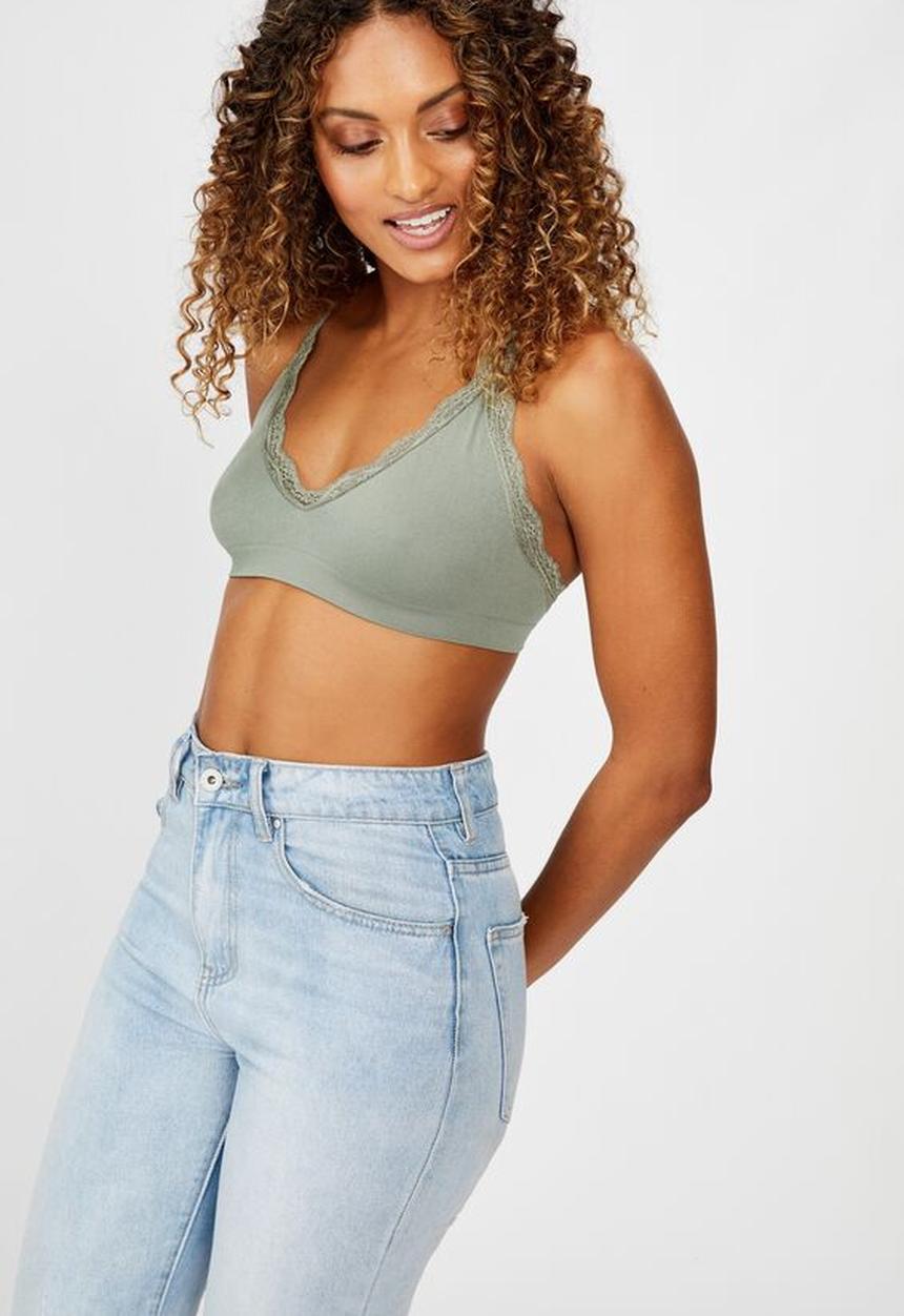 Cotton On - Seamfree rib & lace triangle bralette - cool avocado