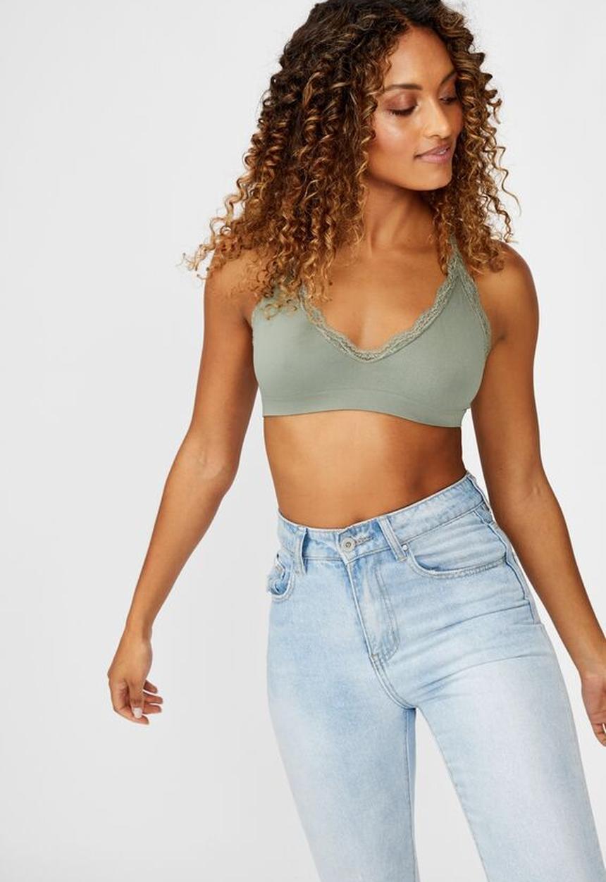 Cotton On - Seamfree rib & lace triangle bralette - cool avocado