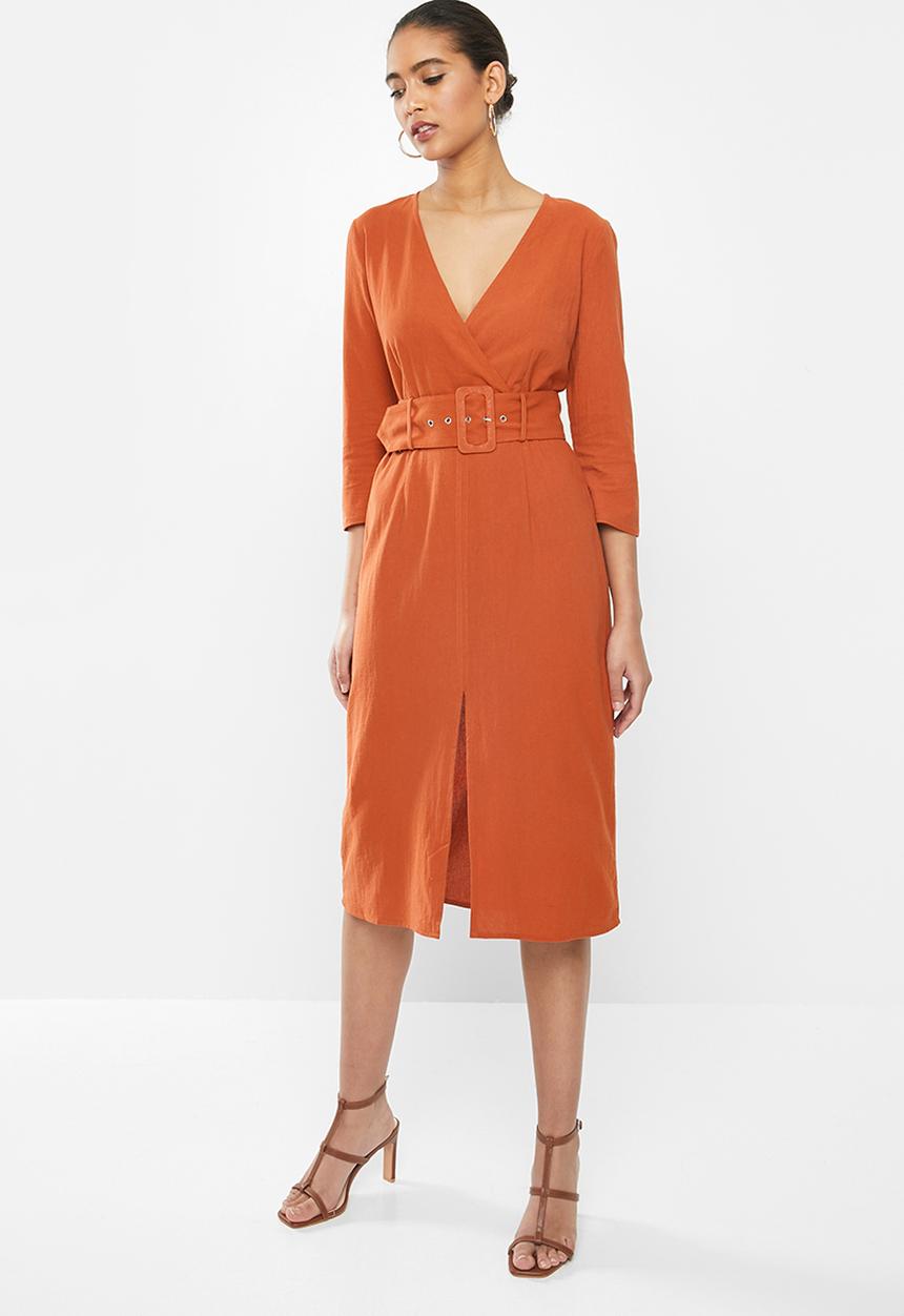 Glamorous - Belted 3/4 sleeve wrap dress - rust