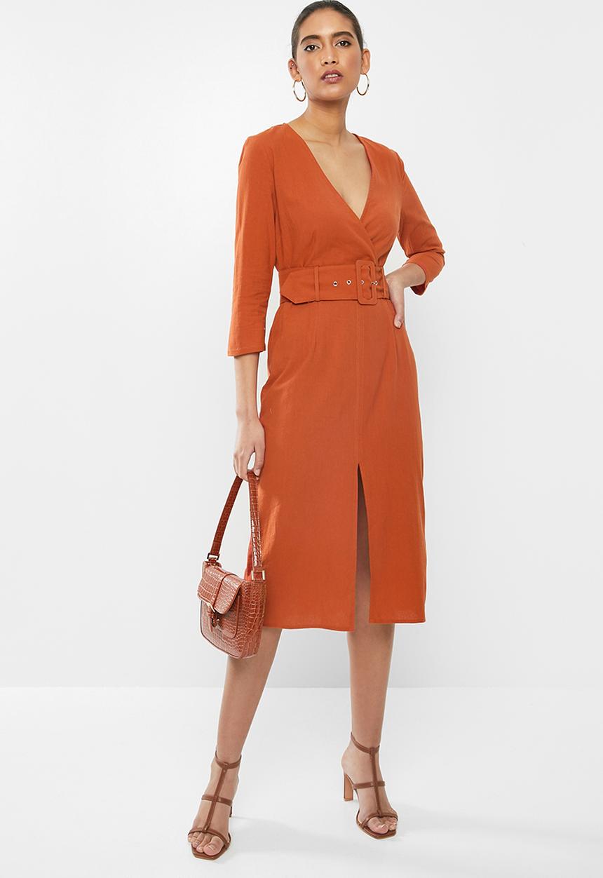 Glamorous - Belted 3/4 sleeve wrap dress - rust