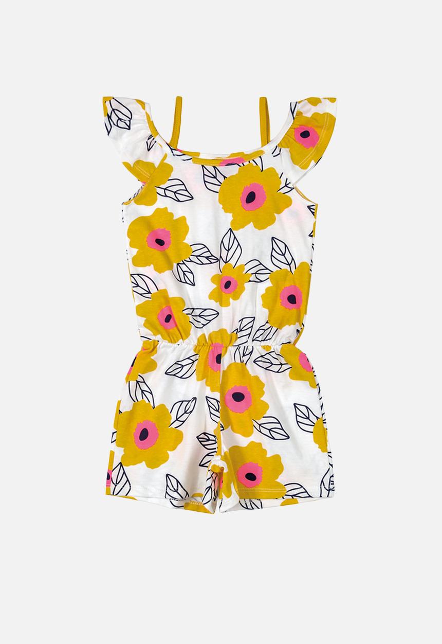 Bee Loop - Girls flower print playsuit - off white & yellow 