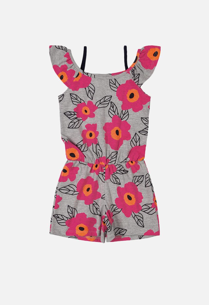 Bee Loop - Girls flower print playsuit - grey & pink