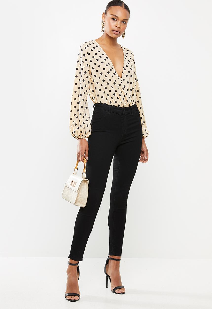 Missguided - Polka dot balloon sleeve wrap bodysuit - cream