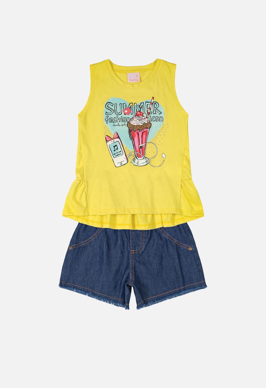 Quimby - Girls top & denim shorts - yellow