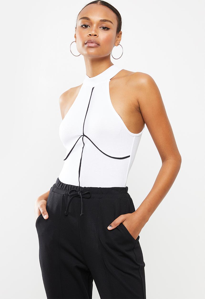 Missguided - Piping detail high neck bodysuit - white