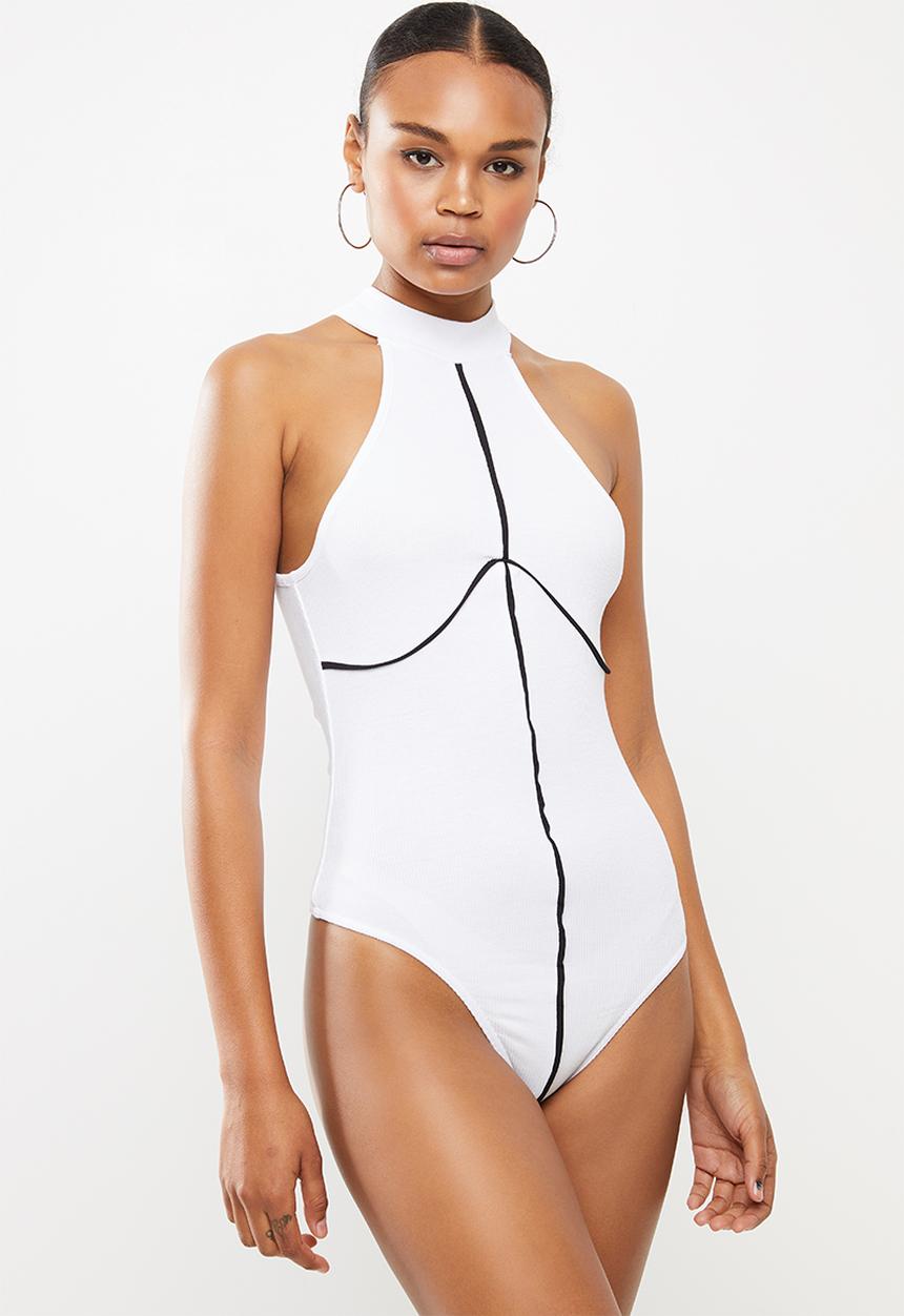 Missguided - Piping detail high neck bodysuit - white