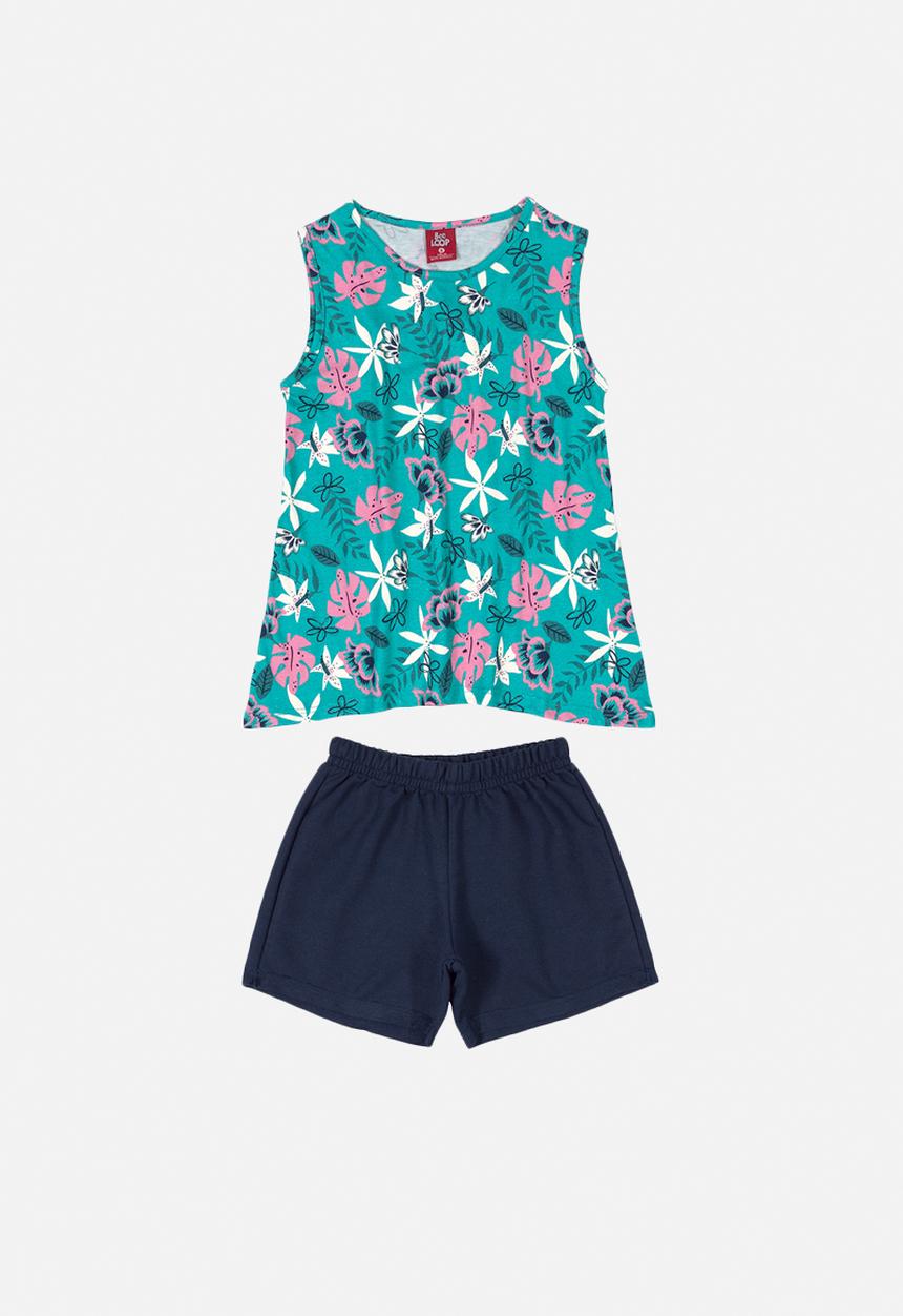 Bee Loop - Floral blouse & shorts set - blue & navy