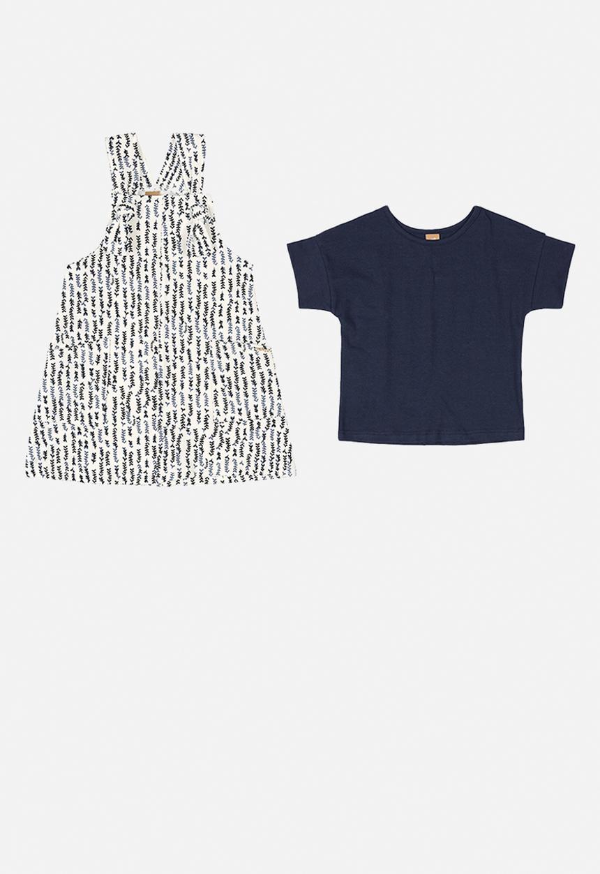 UP Baby - Girls printed pinafore & blouse set - navy & white