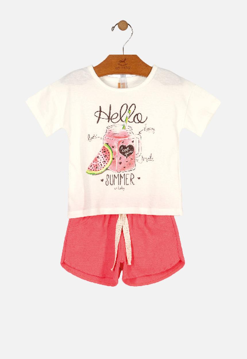UP Baby - Girls tee & woven shorts set - off white & pink