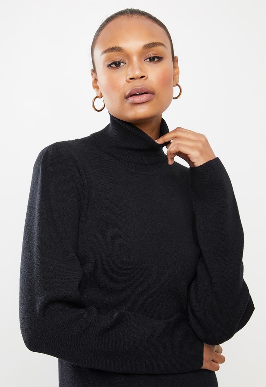 edit - Knitwear polo neck a-line dress - black
