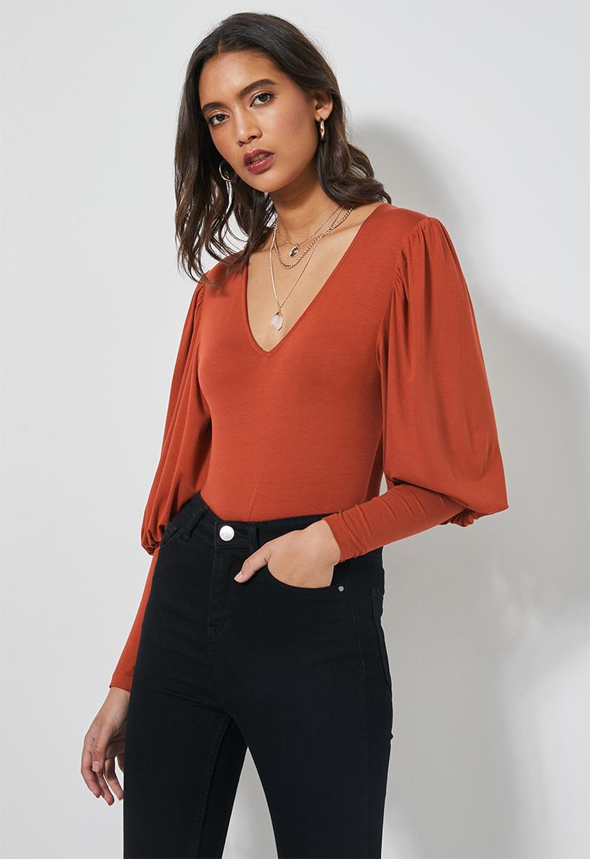 Superbalist - V-neck puff sleeve bodysuit - light tobacco