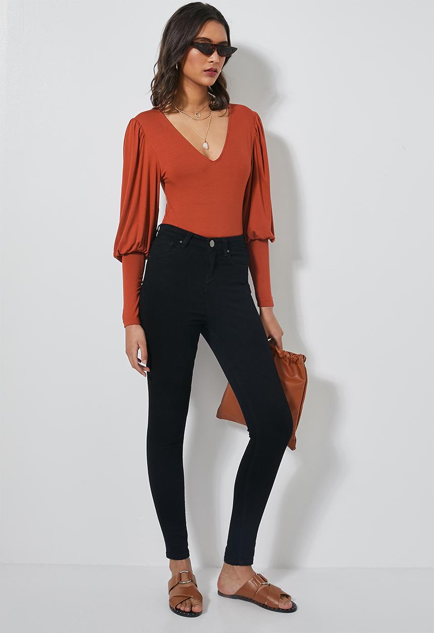 Superbalist - V-neck puff sleeve bodysuit - light tobacco