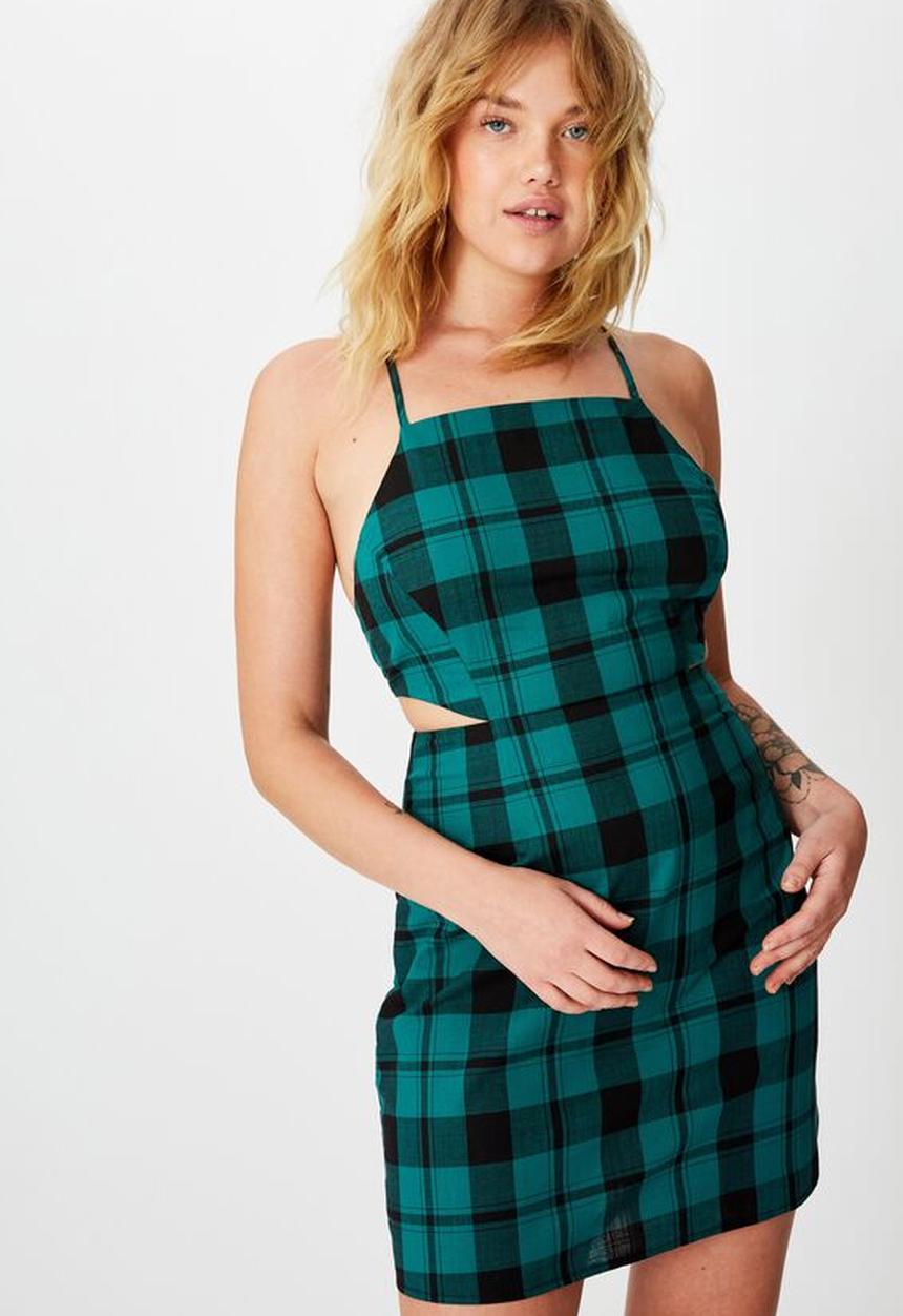 Factorie - Cutout back mini dress - pacific green check