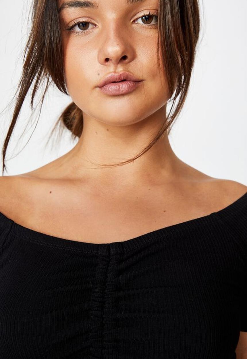 Factorie - Pull front off the shoulder rib top - black