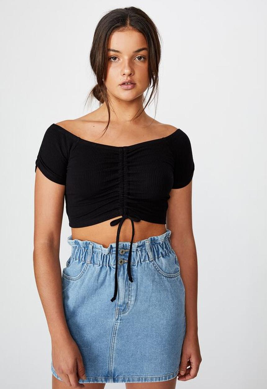 Factorie - Pull front off the shoulder rib top - black