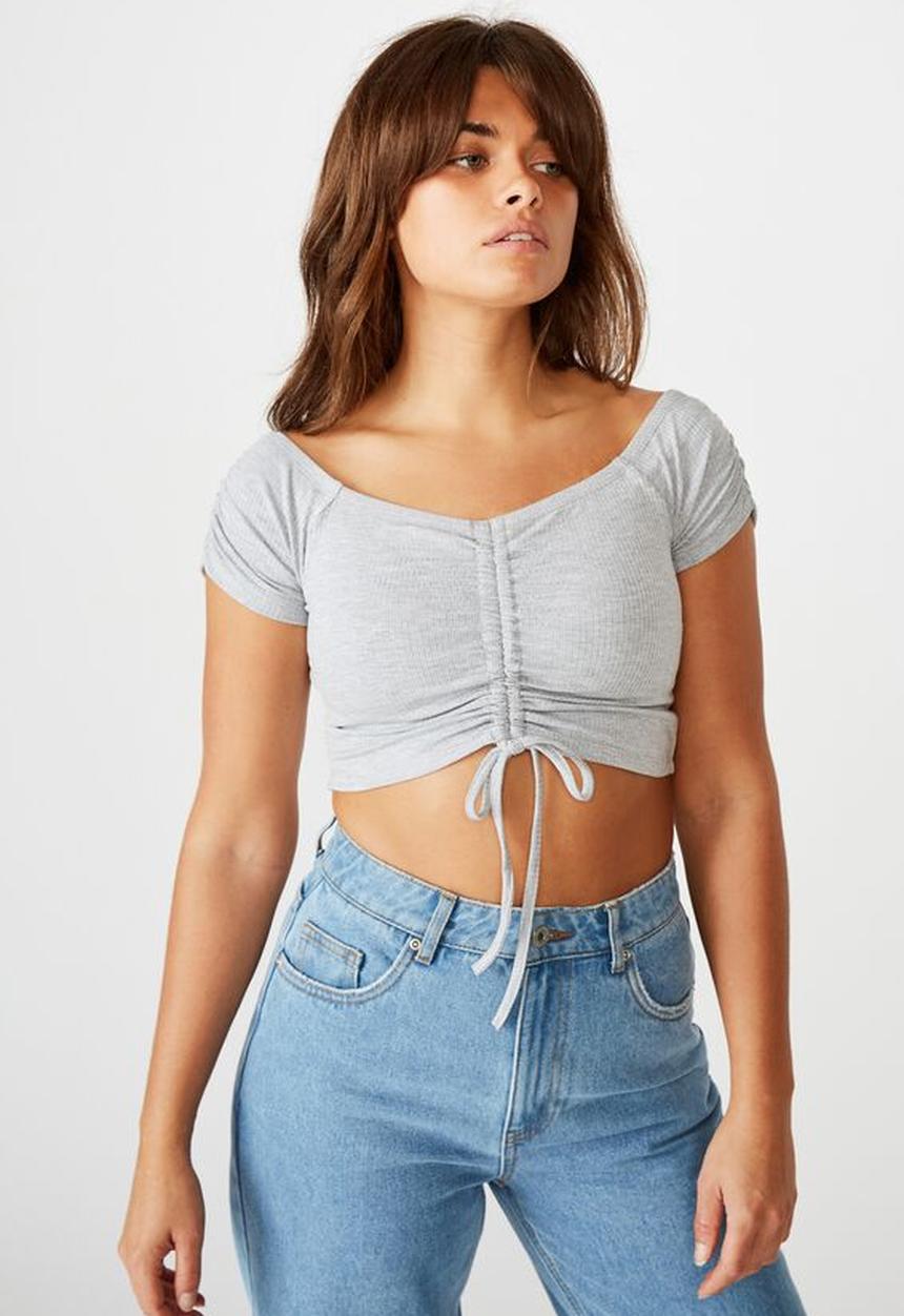 Factorie - Pull front off the shoulder rib top - grey