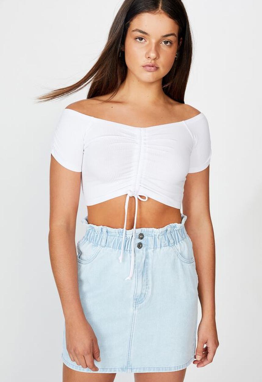 Factorie - Pull front off the shoulder rib top - white