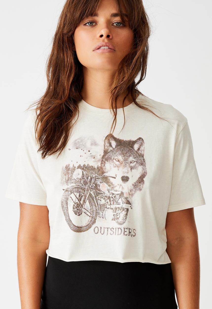 Factorie - Short sleeve raw edge crop T-shirt outsiders - washed ivory
