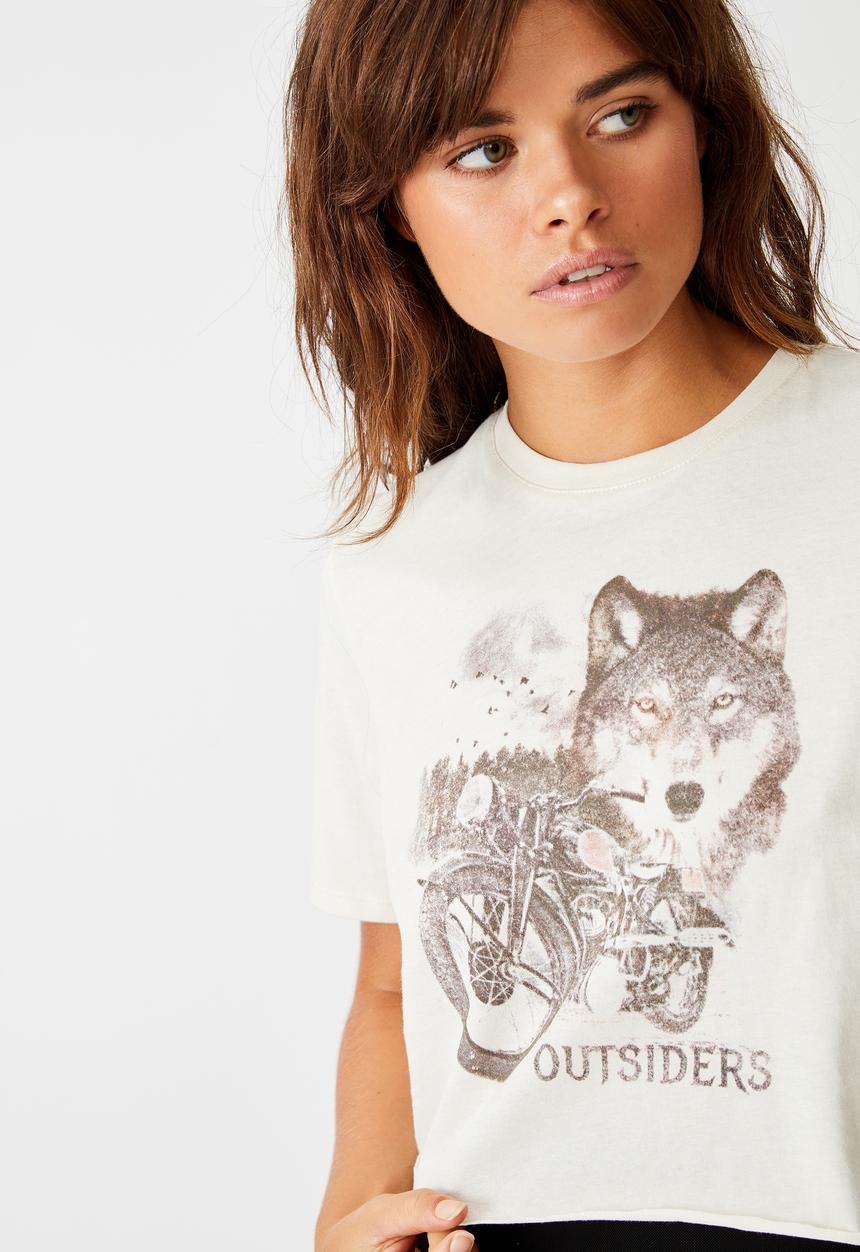 Factorie - Short sleeve raw edge crop T-shirt outsiders - washed ivory