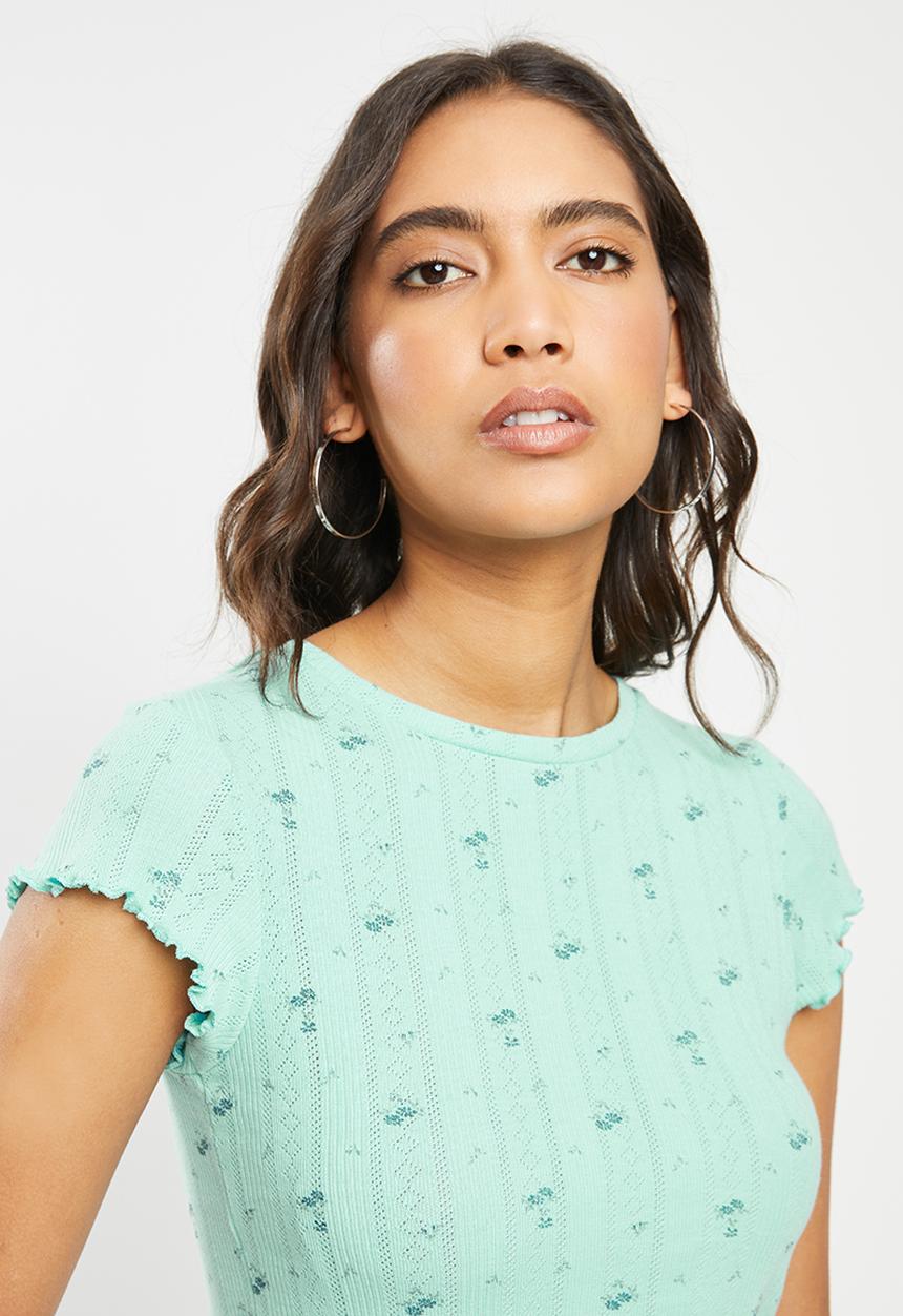 Factorie - Short sleeve pointelle Hannah ditsy top - blue aqua haze
