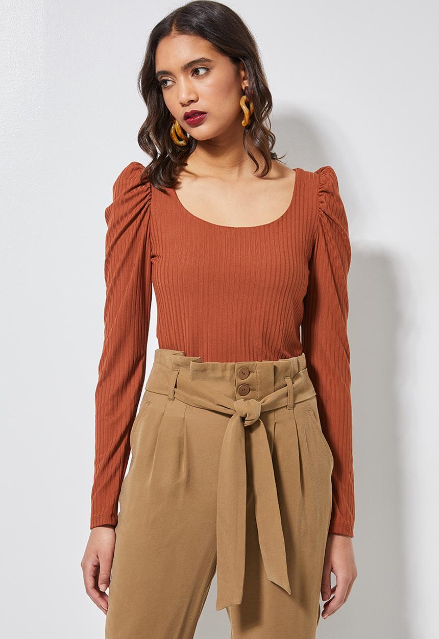 Superbalist - Puff sleeve rib top - rust