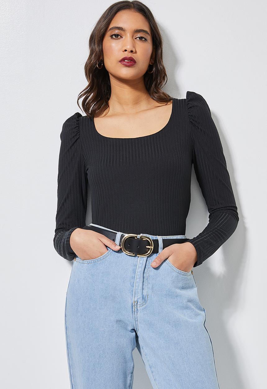 Superbalist - Puff sleeve rib top - black