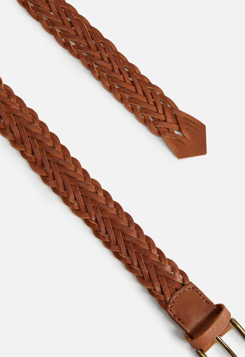 MANGO - Braided woven bovian leather belt - medium brown