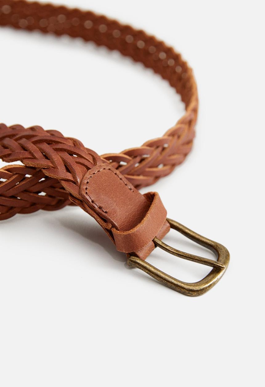 MANGO - Braided woven bovian leather belt - medium brown