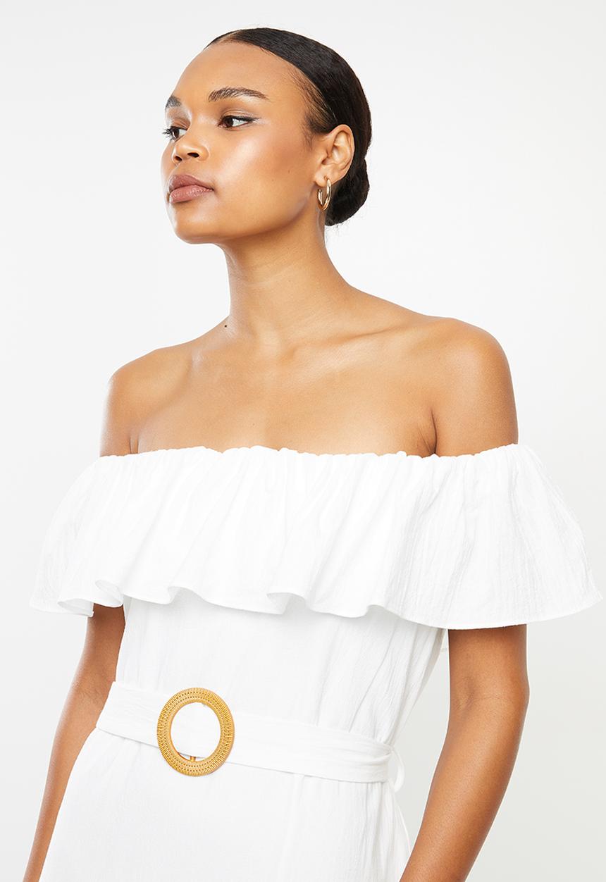 Missguided - Bardot tiered smock midi dress - white