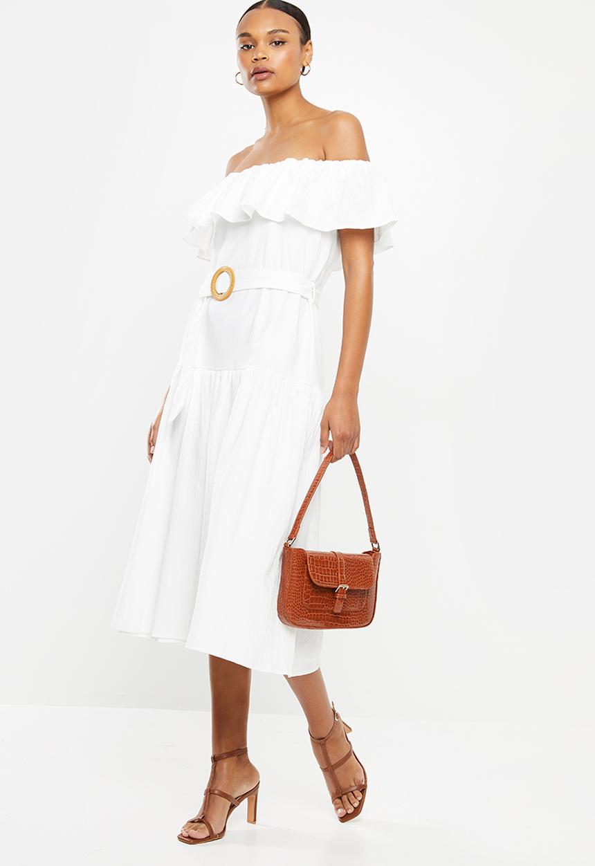 Missguided - Bardot tiered smock midi dress - white