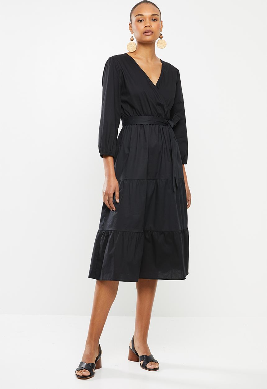 MILLA - Poplin tiered midi dress - black
