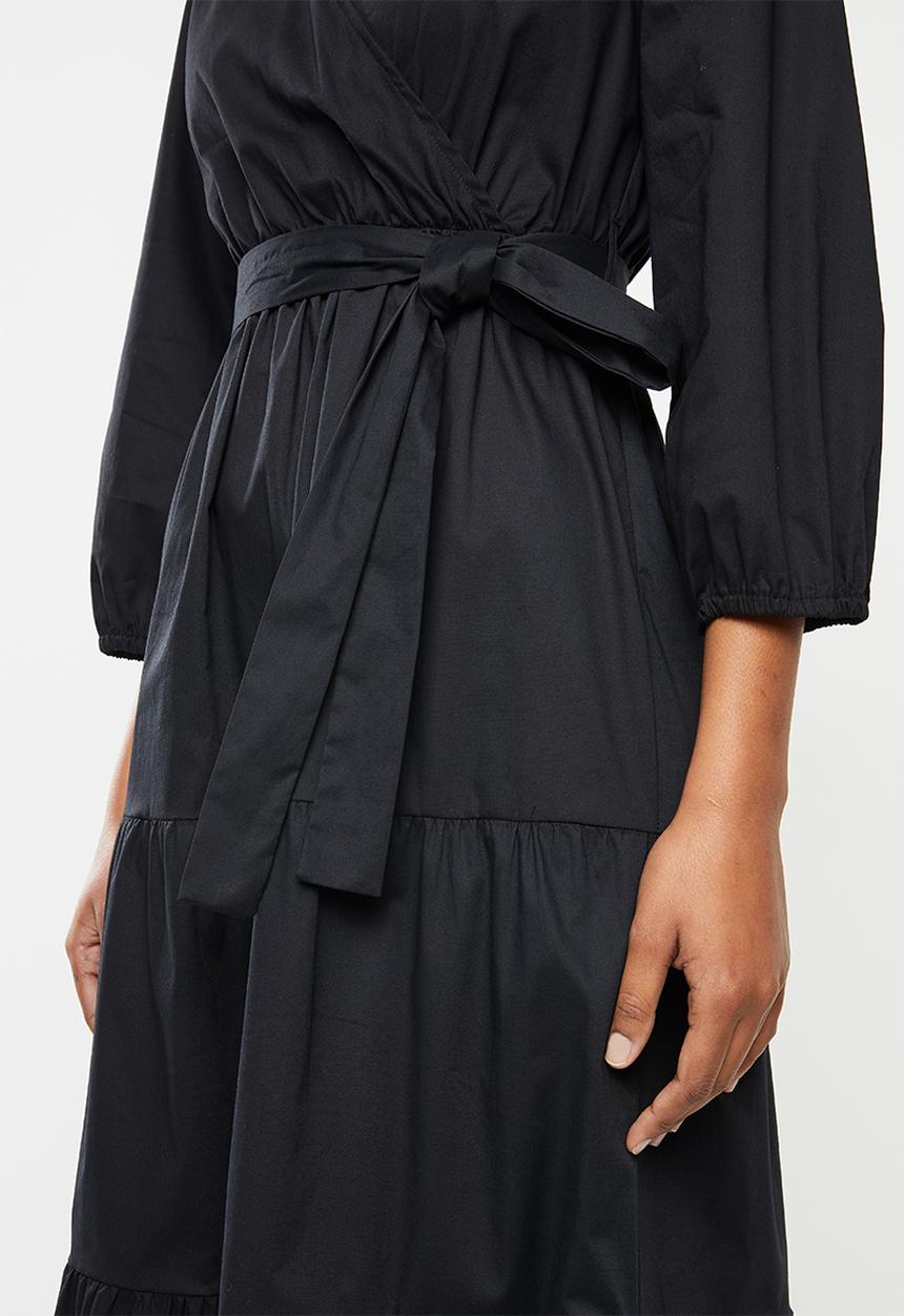 MILLA - Poplin tiered midi dress - black