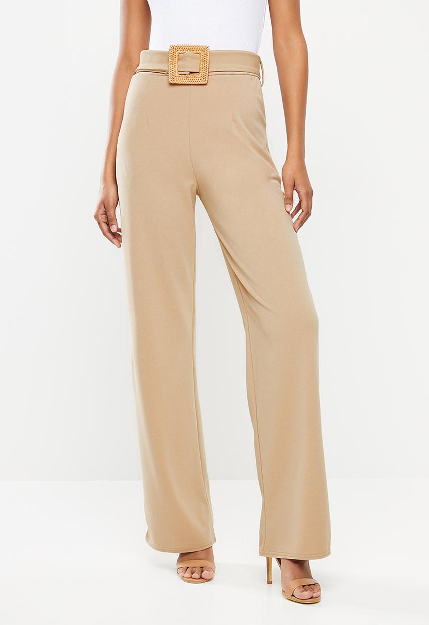 Missguided - Stretch crepe wooden belt straight leg trouser - beige