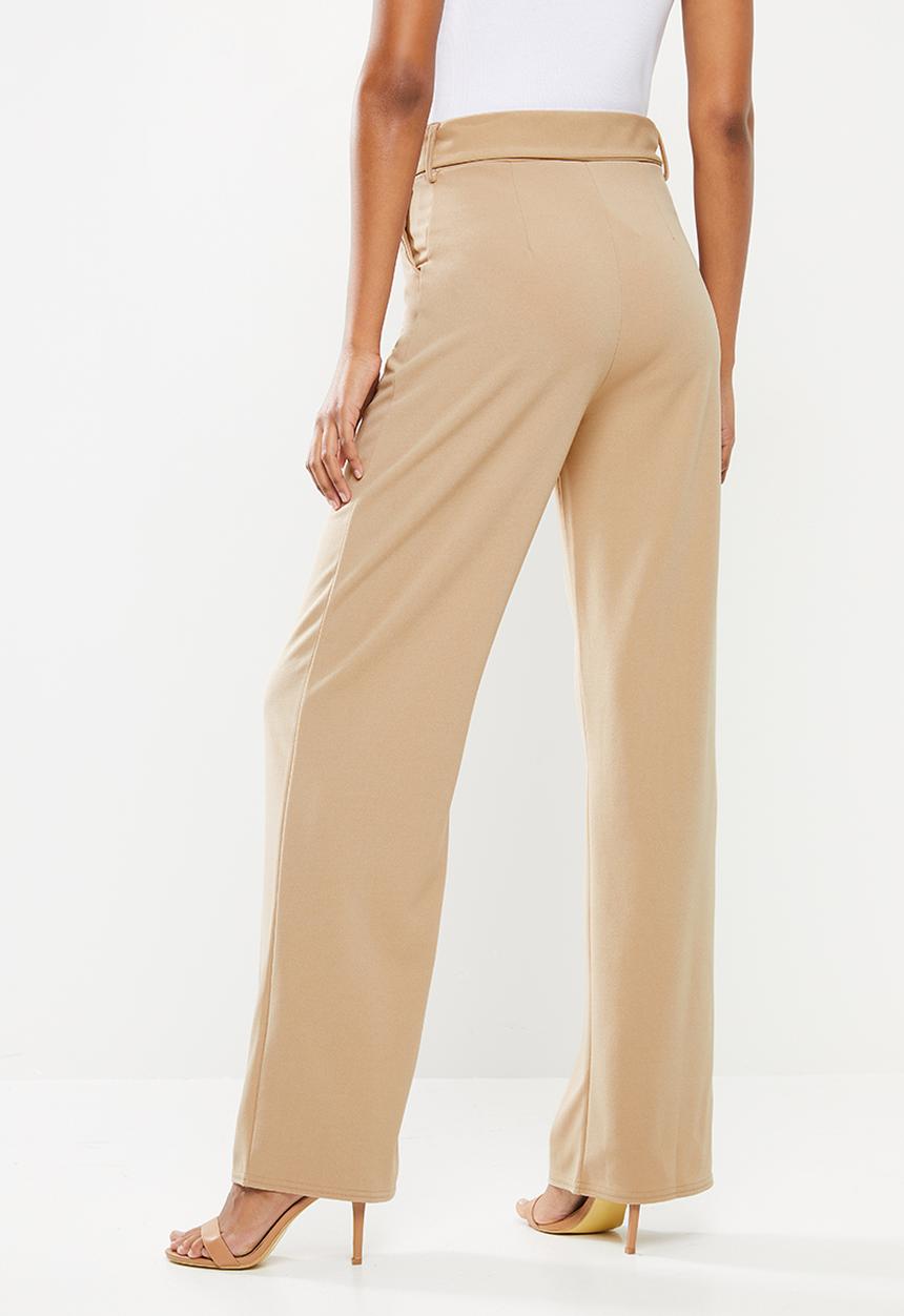 Missguided - Stretch crepe wooden belt straight leg trouser - beige
