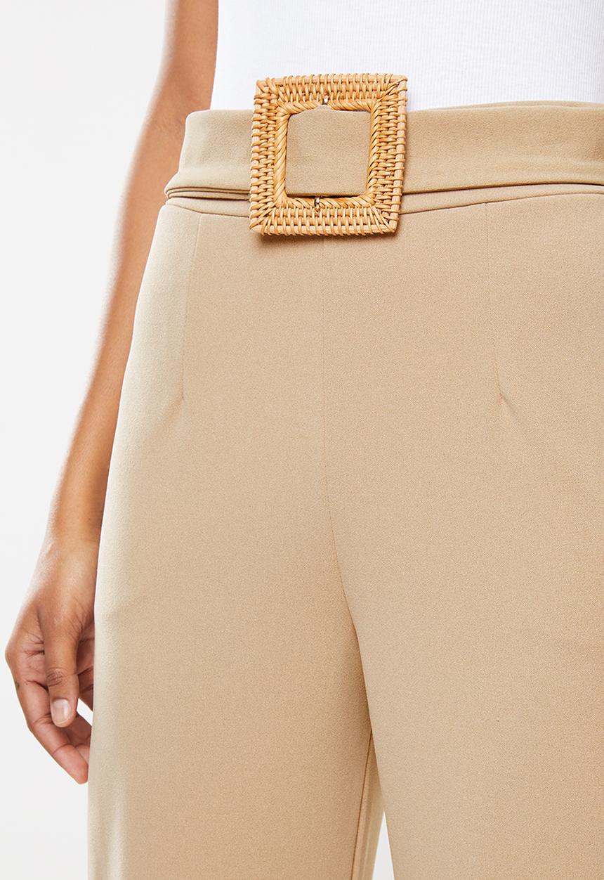 Missguided - Stretch crepe wooden belt straight leg trouser - beige