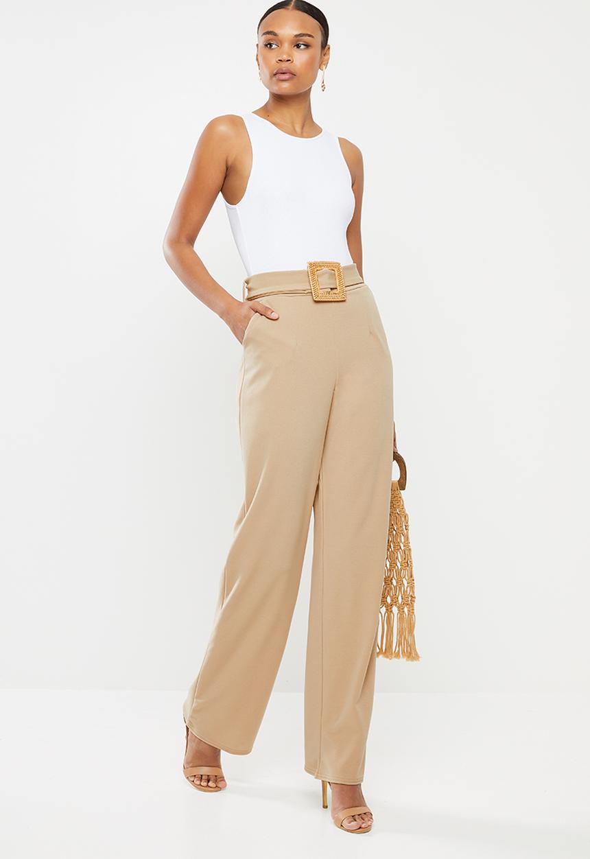 Missguided - Stretch crepe wooden belt straight leg trouser - beige