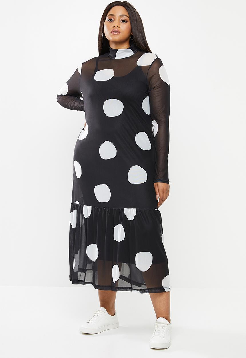 Me&B - Plus size mesh spot dress with tier - black & white