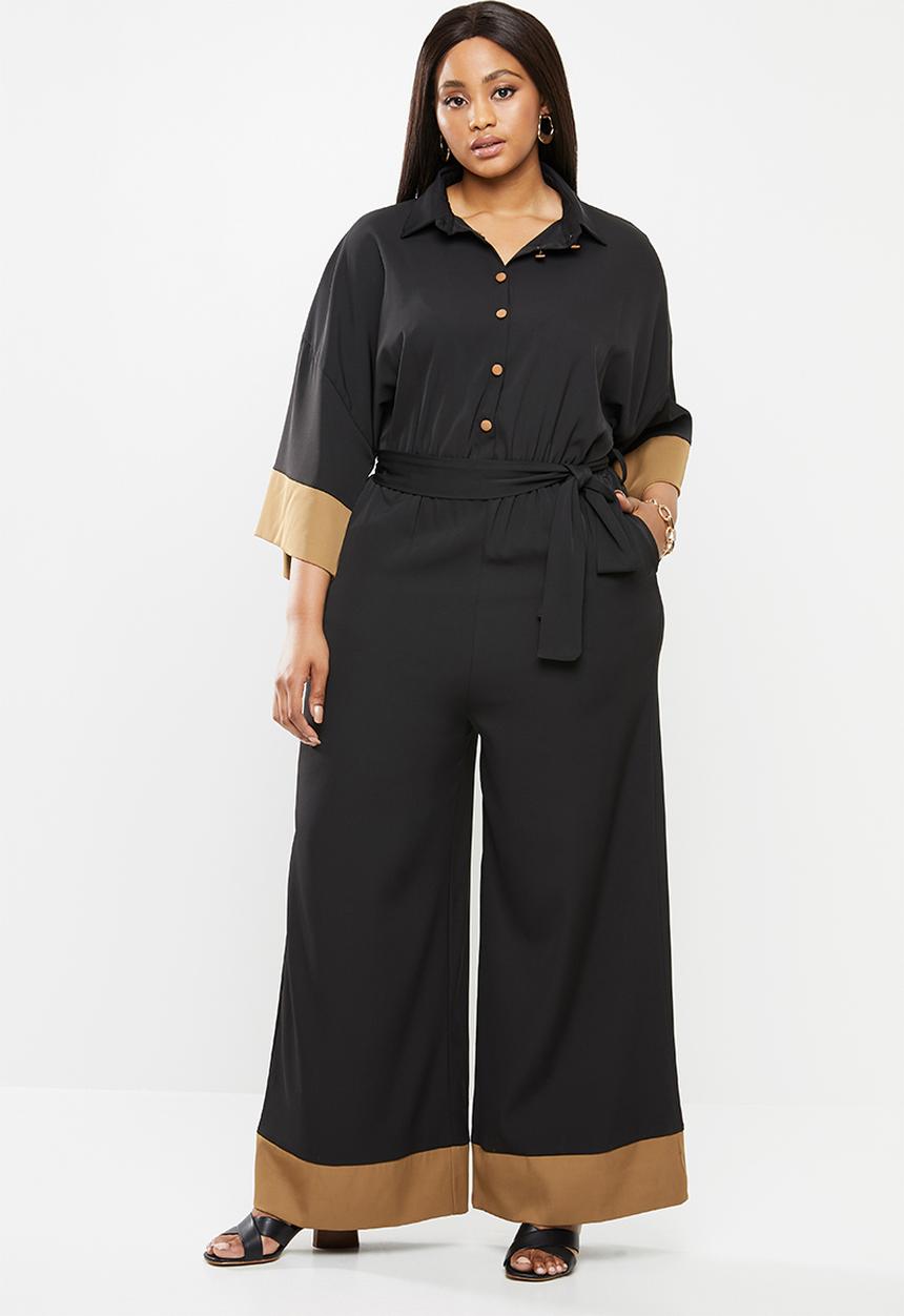Me&B - Plus size colour block dolman sleeve jumpsuit - black & camel