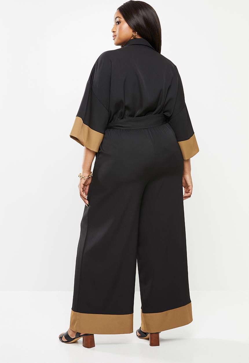 Me&B - Plus size colour block dolman sleeve jumpsuit - black & camel
